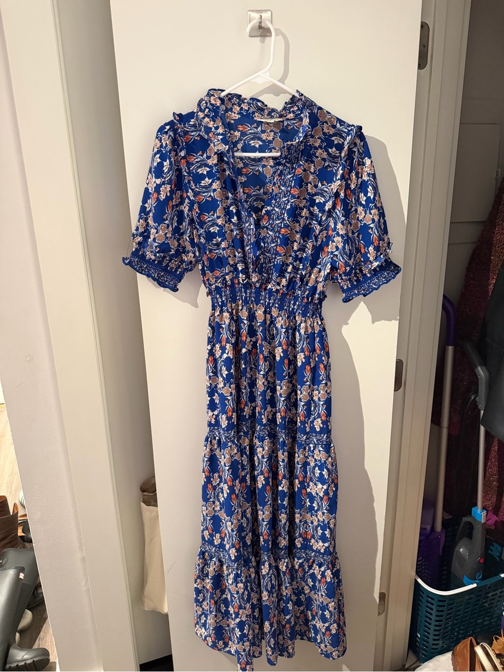 Max Studio Blue Floral Midi Dress with Peach Accents